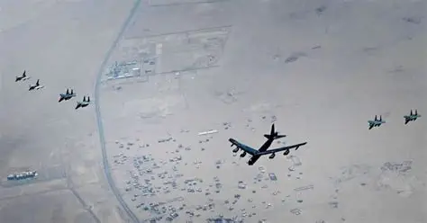 US–Iran attacks as military aircraft fly in formation over a desert region during rising tensions