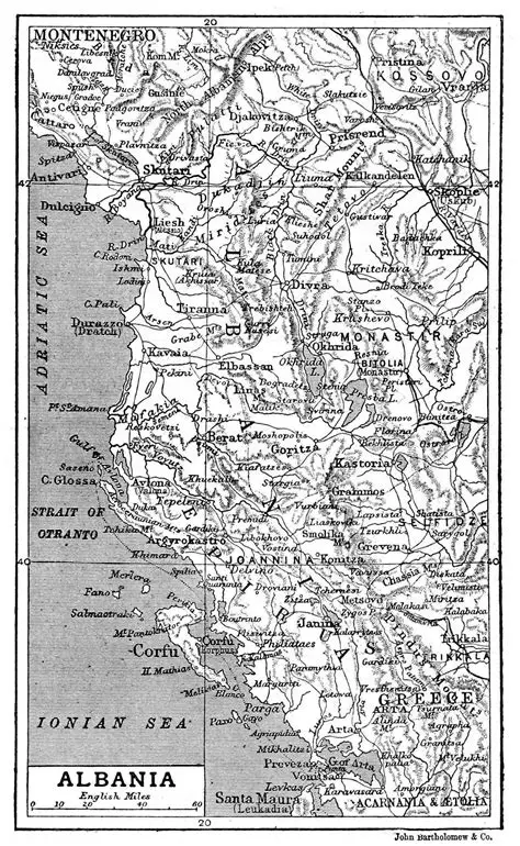 Albanians ancient European people historical map of Albania showing borders, regions and cities from the early twentieth century, illustrating the geographic context of one of Europe’s oldest continuous populations.