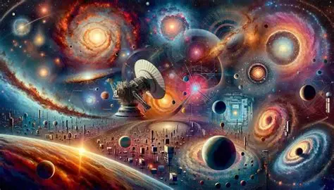 Exoplanet atmospheres visualized through a cosmic landscape showing JWST exploration of distant worlds