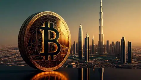 Crypto adoption in Dubai illustrated with a Bitcoin symbol against the Dubai skyline