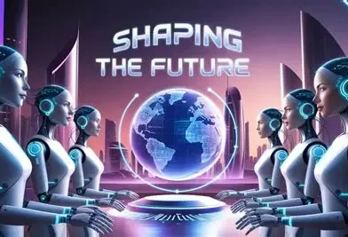 The Powerful Rise of AI Models: 7 Ways They Are Shaping the Computational Future of Humanity Futuristic humanoid robots surrounding a glowing digital globe, symbolizing AI models shaping the future of global technological evolution.