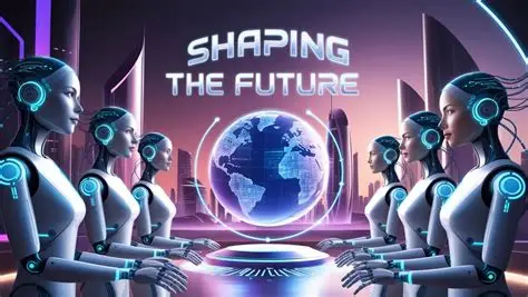 Futuristic humanoid robots surrounding a glowing digital globe, symbolizing AI models shaping the future of global technological evolution.