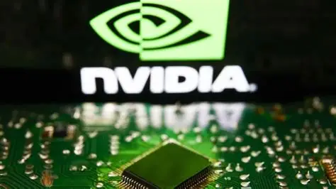 AI chip war: close-up of an advanced semiconductor chip with Nvidia hardware in the background