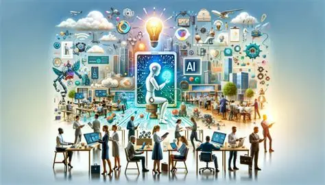 A futuristic scene showing AI models integrated into human work, with a humanoid robot on a digital tablet surrounded by technology icons and people collaborating in a modern city environment.