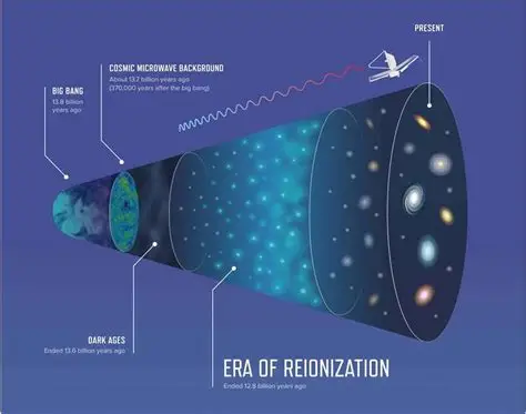 Cosmic Dawn and Reionization illustrated through a scientific timeline showing the early universe’s structure, from the Big Bang to the formation of ionized bubbles.