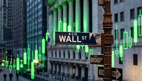 Wall Street financial district with stock market activity and rising market signals