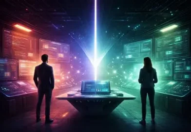 AI poisoned by online propaganda in a futuristic digital control room