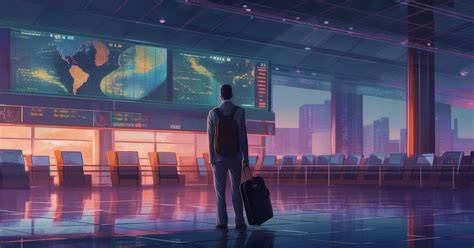 AI vacation planning illustrated through a traveler observing digital world maps in a modern terminal.