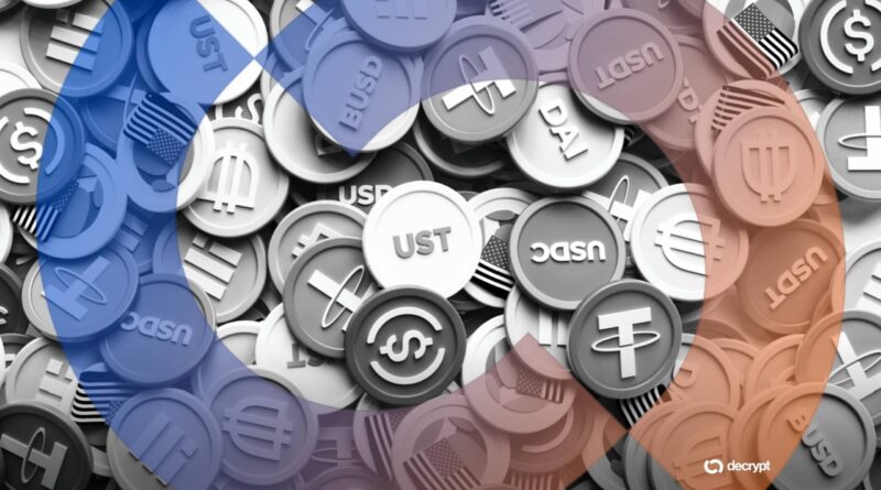 Stablecoin political debate illustrated through multiple digital stablecoin tokens representing the growing regulatory and economic tension around digital dollars.