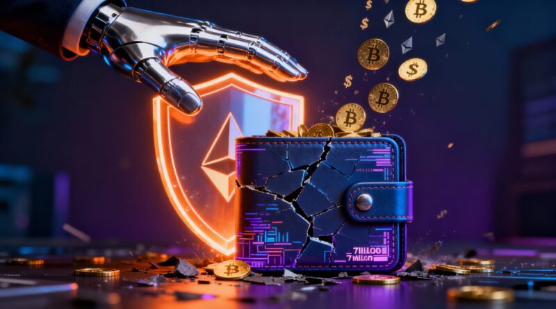 Wallet security in 2026 illustrated through a futuristic digital wallet under attack and protected by blockchain shields