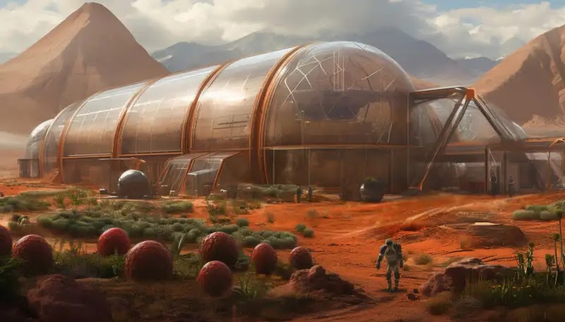 Terraforming Mars biodome habitat with vegetation inside a futuristic Martian settlement
