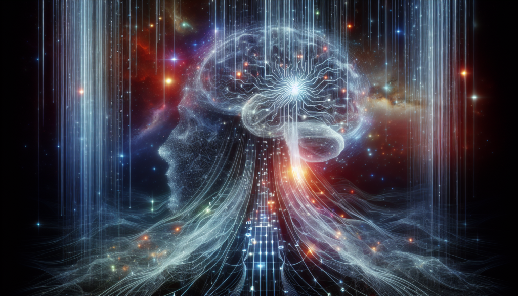 Mind Uploading digital consciousness visualization showing a human mind merging with cosmic data streams