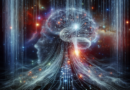 Mind Uploading digital consciousness visualization showing a human mind merging with cosmic data streams