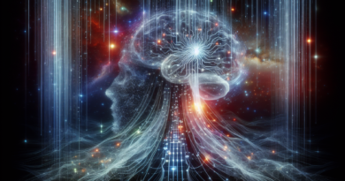 Mind Uploading digital consciousness visualization showing a human mind merging with cosmic data streams
