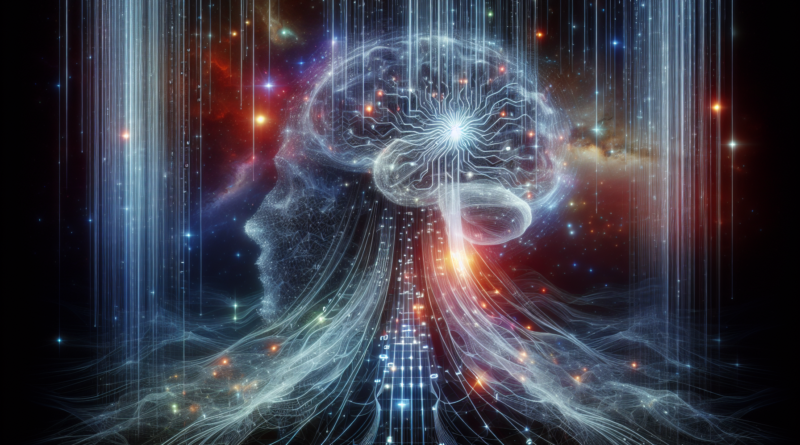 Mind Uploading digital consciousness visualization showing a human mind merging with cosmic data streams