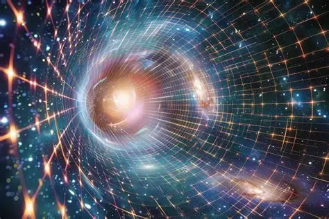 Expanding Universe wormhole illustration showing warped spacetime and cosmic light