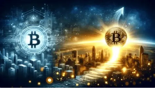 Bitcoin ownership illustrated through a futuristic dual‑city digital landscape showing the evolution of financial control.