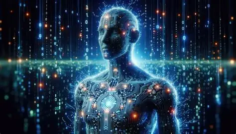 Digital embodiment illustrated through a futuristic humanoid figure merging with flowing data and circuitry.