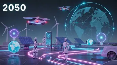 technologies that will change the world by 2050 represented through futuristic robots, clean energy systems, flying vehicles, and global digital connectivity