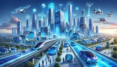 technologies that will change the world by 2050 illustrated through a futuristic smart city with autonomous vehicles, drones, holograms, renewable energy, and advanced digital infrastructure