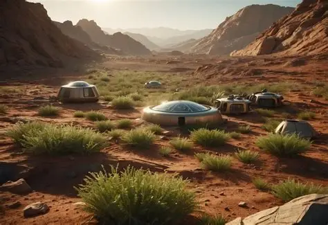 Terraforming Mars futuristic habitat domes on the Martian desert landscape