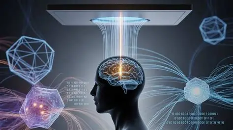 Mind Uploading digital interface showing a human brain connected to a data device through luminous neural streams