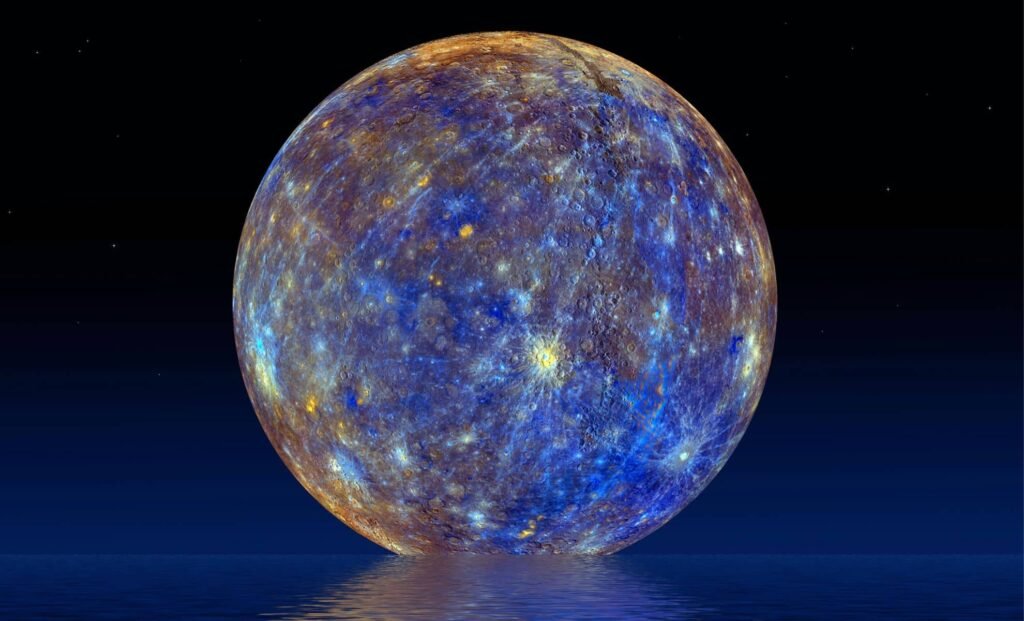 Mercury shrinking illustrated through a color‑enhanced view of the planet’s cratered and contracting surface.