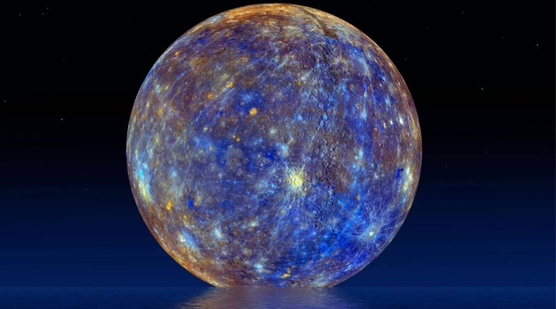 Mercury shrinking illustrated through a color‑enhanced view of the planet’s cratered and contracting surface.