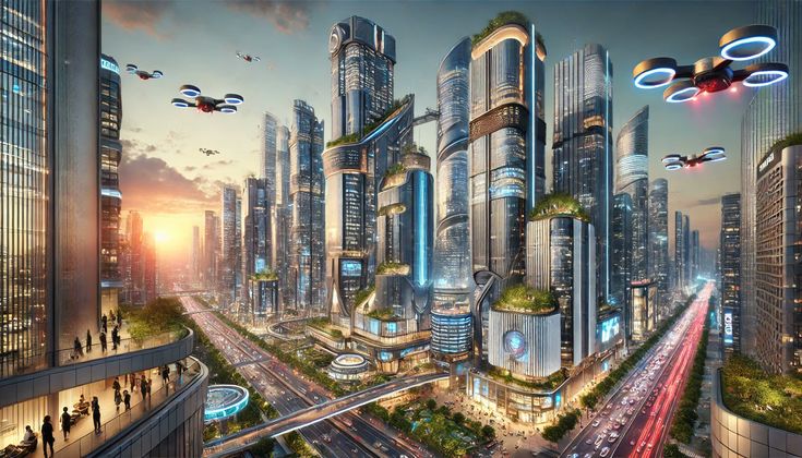 Megacities of the Future, futuristic vertical city with flying vehicles and sustainable architecture
