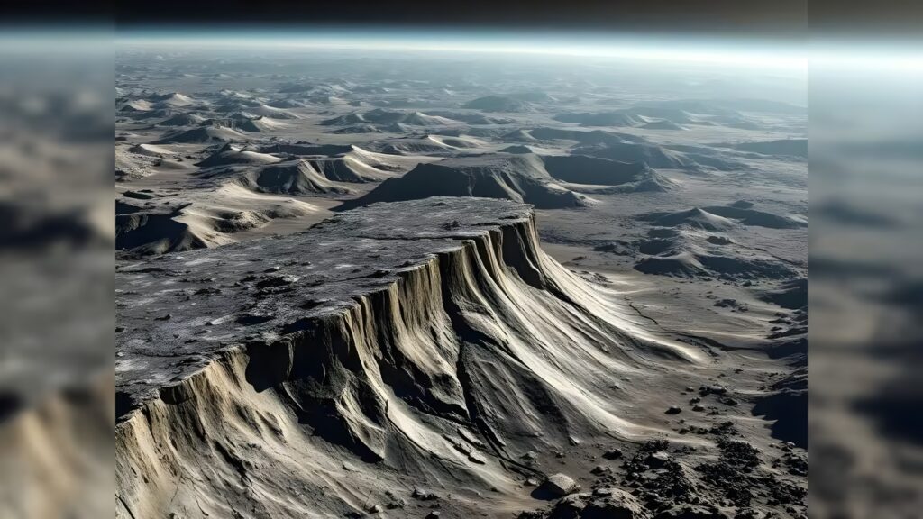 A detailed view of Mercury’s small hills and rugged terrain, showing how gentle rises and uneven ground connect to Mercury shrinking over billions of years.