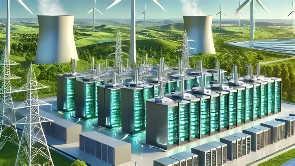 A futuristic renewable‑energy facility illustrating how sustainable infrastructure may support rising AI agents power consumption.