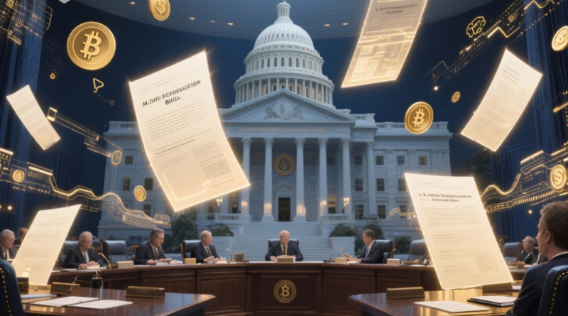 crypto regulation debate inside the U.S. Capitol with digital asset symbols