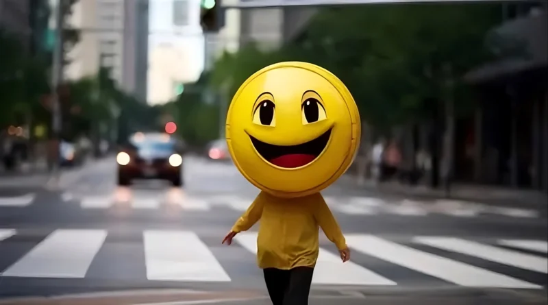 Science of Happiness urban scene with a smiling emoji character walking in the city