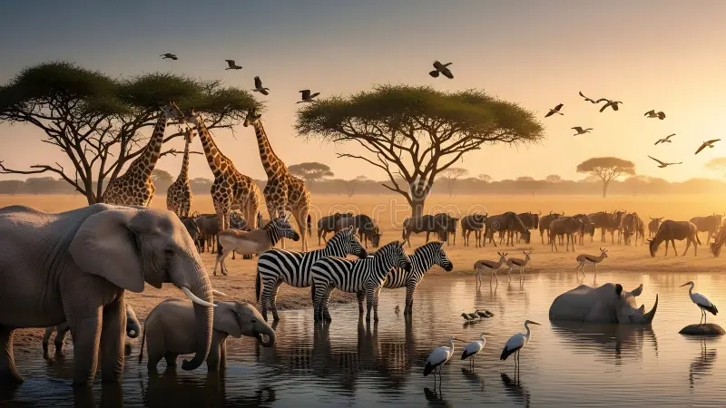 Diverse wild animals gathered in a natural habitat surrounded by lush vegetation and scenic landscapes.