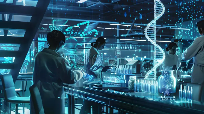 Scientists working with DNA structures, laboratory equipment, and advanced biotechnology research tools