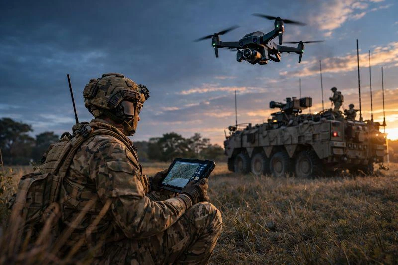 Military drones and modern warfare over a battlefield at sunset