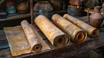 Ancient artifacts, historical manuscripts, and archaeological relics displayed on a wooden table.