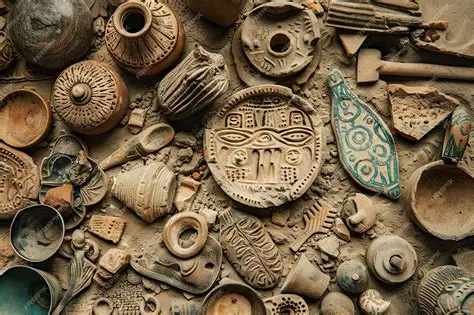 Ancient ruins, archaeological artifacts, and excavation tools displayed at a historical dig site.