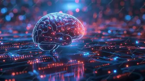 Artificial intelligence concept featuring digital neural networks, data visualization, and advanced computing technology.