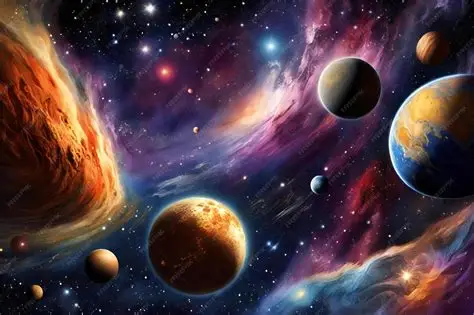 A breathtaking view of planets, stars, galaxies, and the night sky illuminated by distant cosmic phenomena.