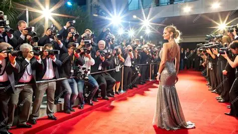 Celebrities attending a red carpet event surrounded by photographers, cameras, and media coverage.