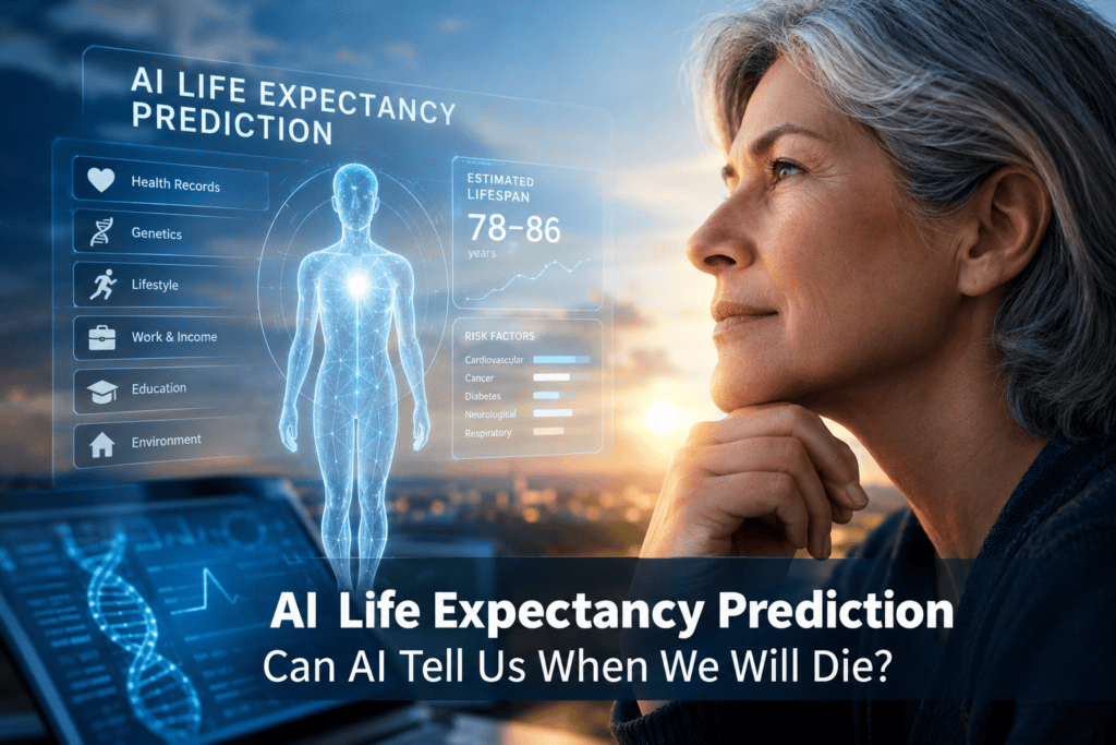 AI life expectancy prediction using artificial intelligence to analyze human longevity and mortality risk.