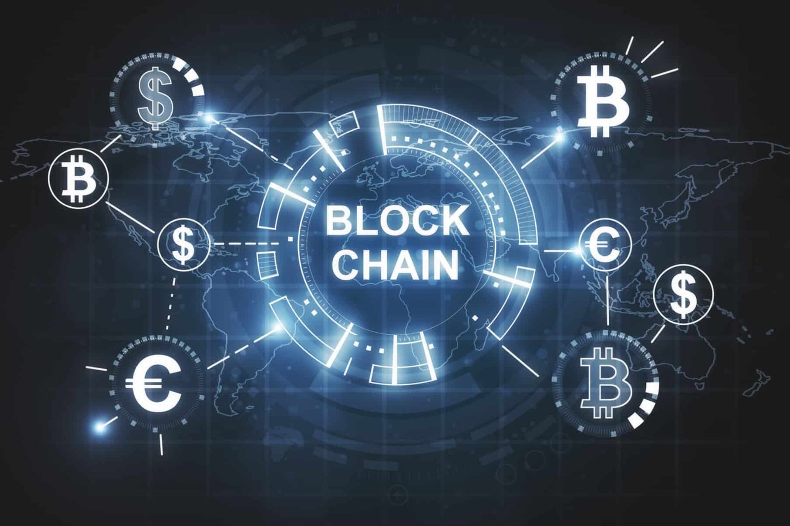 Digital cryptocurrencies, blockchain networks, and decentralized technology concepts displayed on a futuristic financial interface.