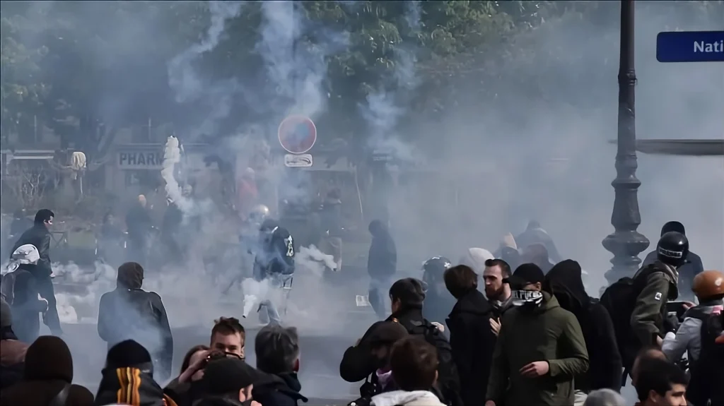 Global Crisis of Trust as students and citizens gather during protests in Paris with smoke and unrest visible in the background