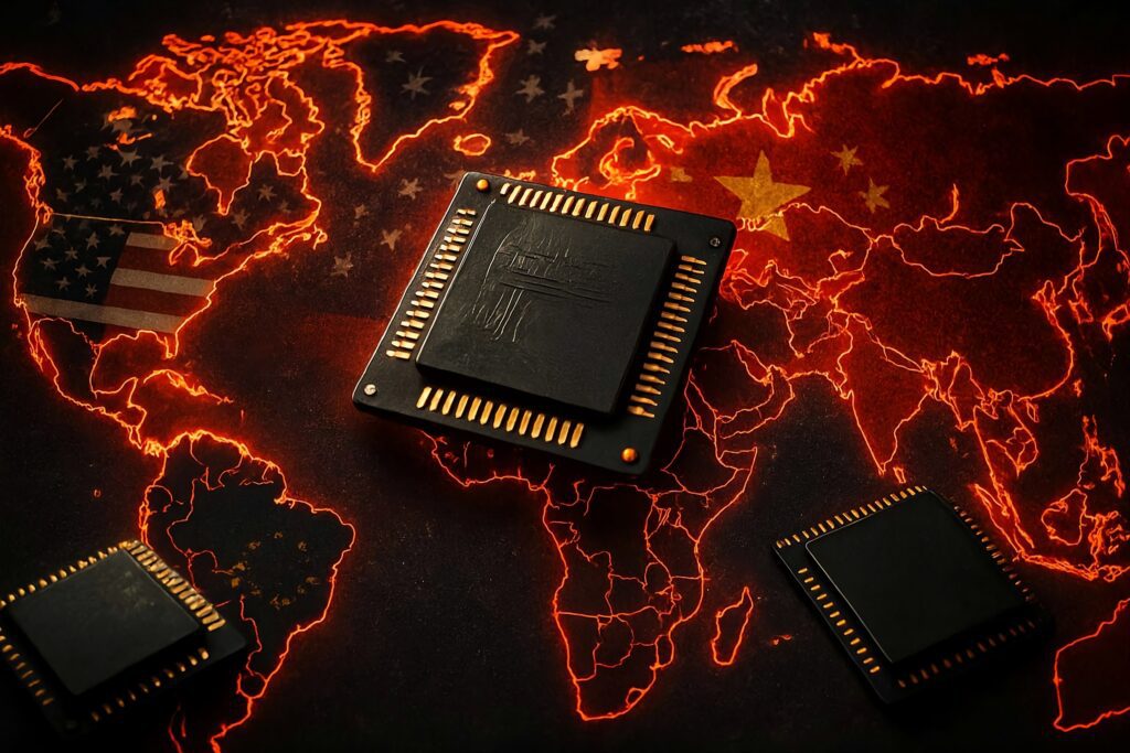 A microscopic microchip representing the geopolitics of semiconductors and the global chip war struggle.