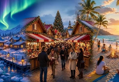 A cozy, twinkling Christmas market stall covered in light snow in a historic European town square.