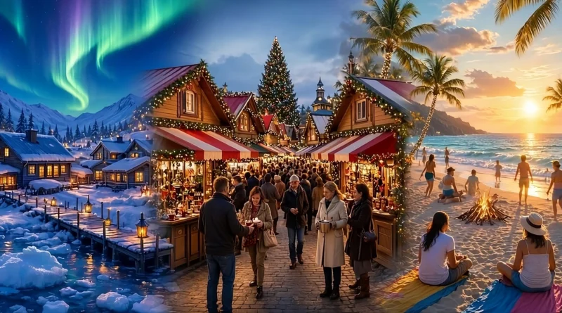 A cozy, twinkling Christmas market stall covered in light snow in a historic European town square.