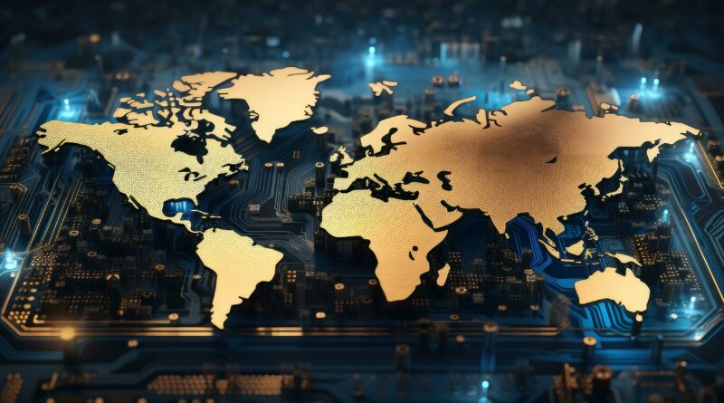 Global network and silicon wafer illustrating the geopolitics of semiconductors and microchip technology.