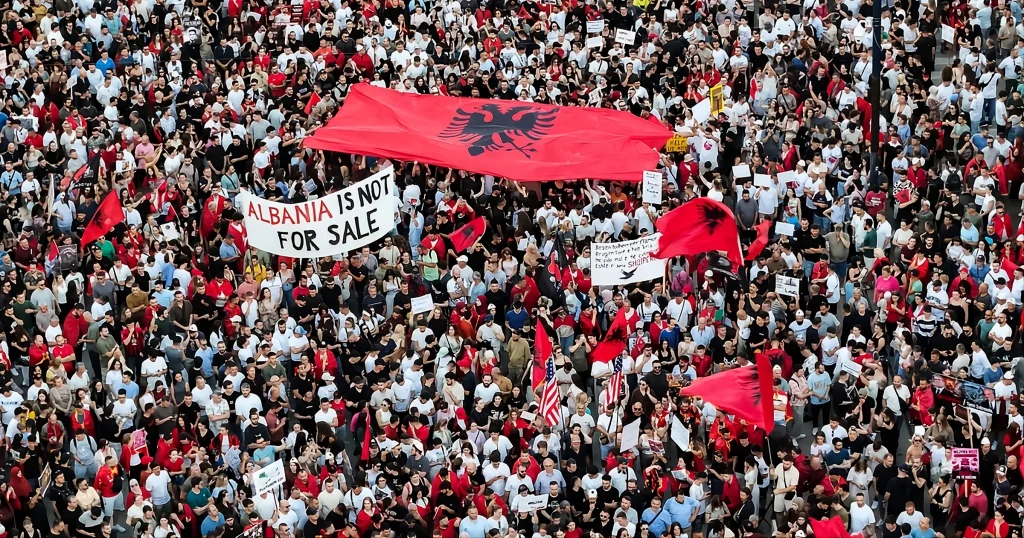 Protesters and police clash during political unrest in Tirana, Albania
