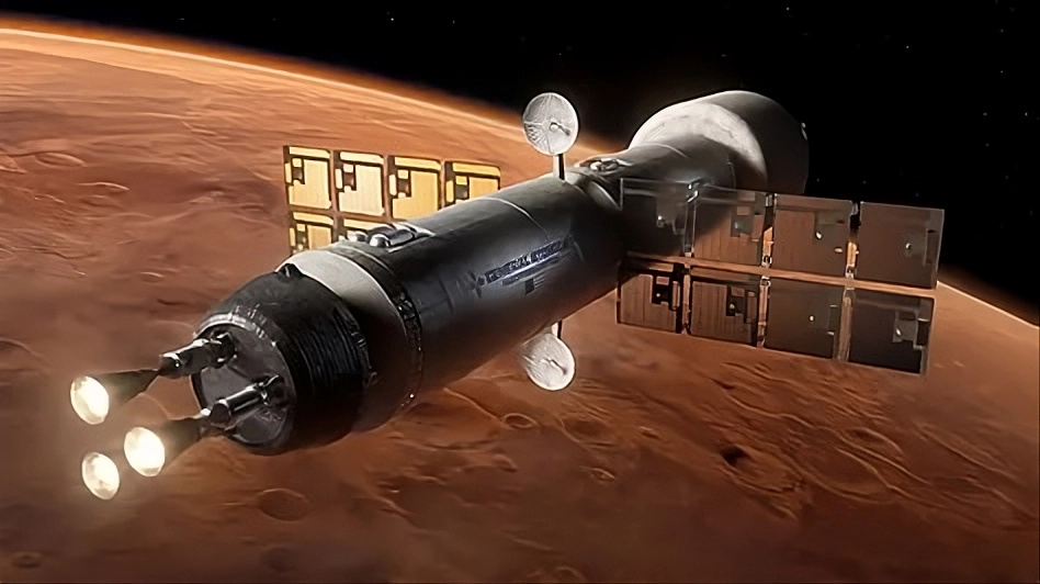 NASA nuclear reactor powering a futuristic spacecraft during a mission to Mars with advanced ion propulsion technology